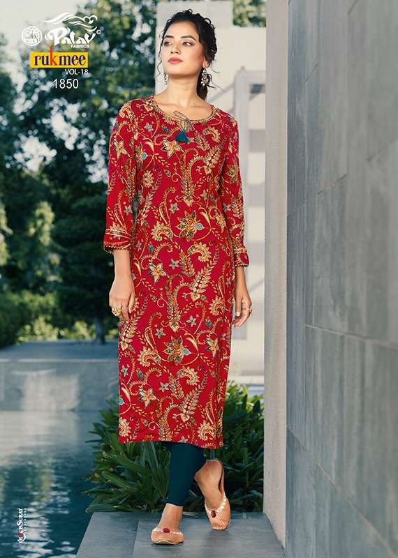 RUKMEE VOL-18 BY PALAV 1850 TO 1859 SERIES DESIGNER STYLISH FANCY COLORFUL BEAUTIFUL PARTY WEAR & ETHNIC WEAR COLLECTION RAYON KURTIS AT WHOLESALE PRICE