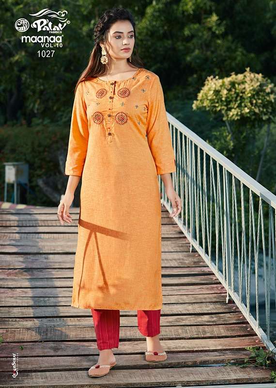 MAANAA VOL-10 BY PALAV 1025 TO 1030 SERIES STYLISH FANCY BEAUTIFUL COLORFUL CASUAL WEAR & ETHNIC WEAR RAYON KURTIS WITH BOTTOM AT WHOLESALE PRICE