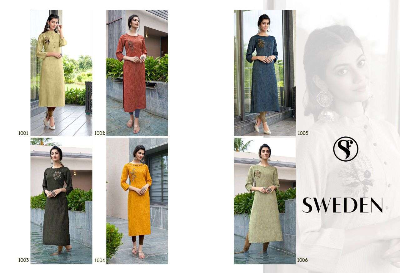 SWEDEN BY SWEETY FASHION 1001 TO 1006 SERIES DESIGNER STYLISH FANCY COLORFUL BEAUTIFUL PARTY WEAR & ETHNIC WEAR COLLECTION RAYON WITH WORK KURTIS AT WHOLESALE PRICE