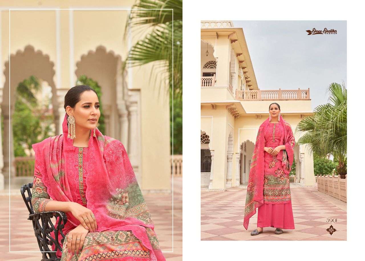 SHALIKA VOL-75 BY SHREE SHALIKA FASHION 3901 TO 3908 SERIES BEAUTIFUL STYLISH SUITS FANCY COLORFUL CASUAL WEAR & ETHNIC WEAR & READY TO WEAR PURE JAM SATIN DIGITAL PRINT WITH AARI WORK DRESSES AT WHOLESALE PRICE