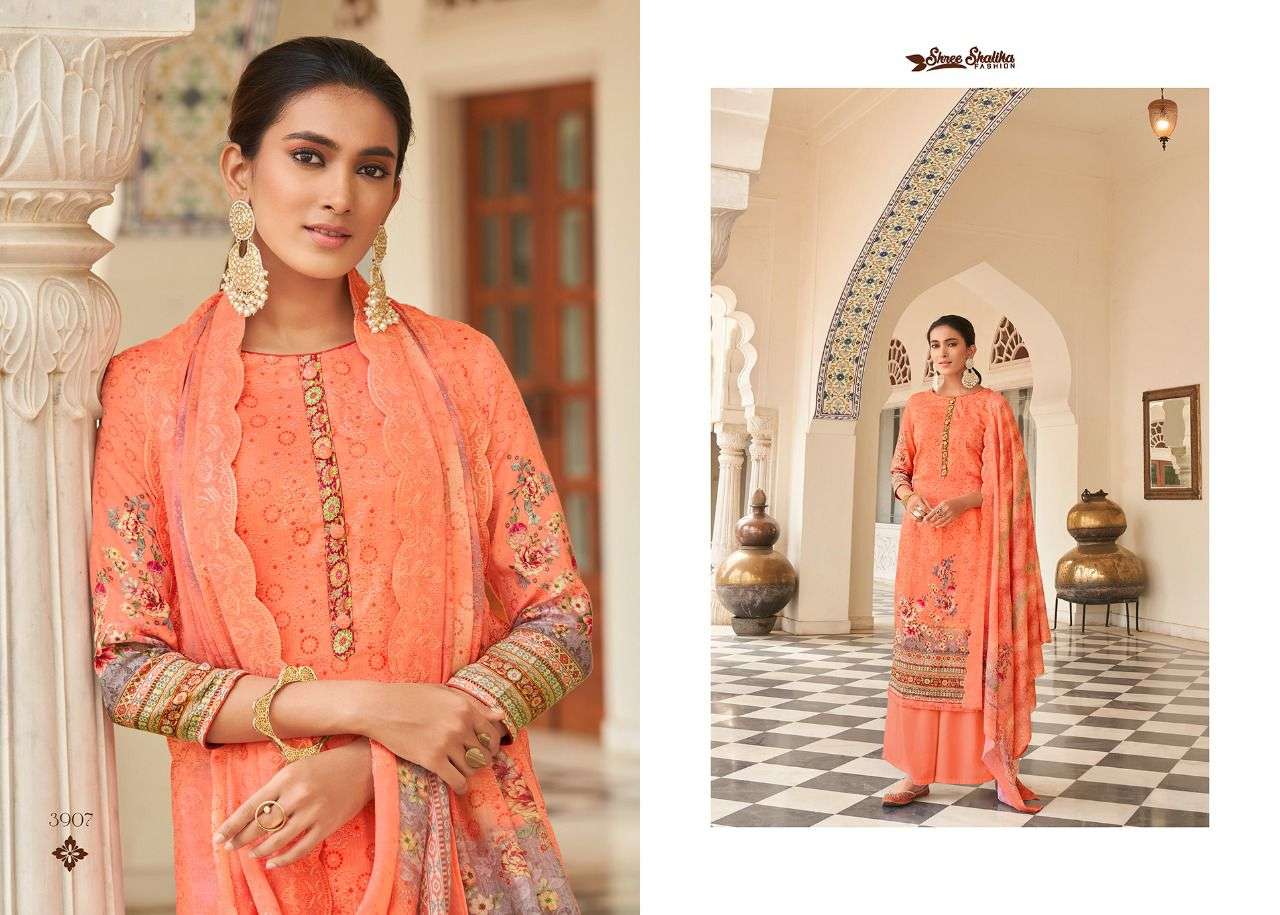 SHALIKA VOL-75 BY SHREE SHALIKA FASHION 3901 TO 3908 SERIES BEAUTIFUL STYLISH SUITS FANCY COLORFUL CASUAL WEAR & ETHNIC WEAR & READY TO WEAR PURE JAM SATIN DIGITAL PRINT WITH AARI WORK DRESSES AT WHOLESALE PRICE