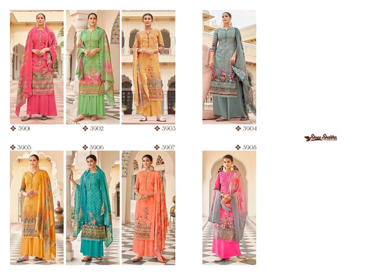 SHALIKA VOL-75 BY SHREE SHALIKA FASHION 3901 TO 3908 SERIES BEAUTIFUL STYLISH SUITS FANCY COLORFUL CASUAL WEAR & ETHNIC WEAR & READY TO WEAR PURE JAM SATIN DIGITAL PRINT WITH AARI WORK DRESSES AT WHOLESALE PRICE