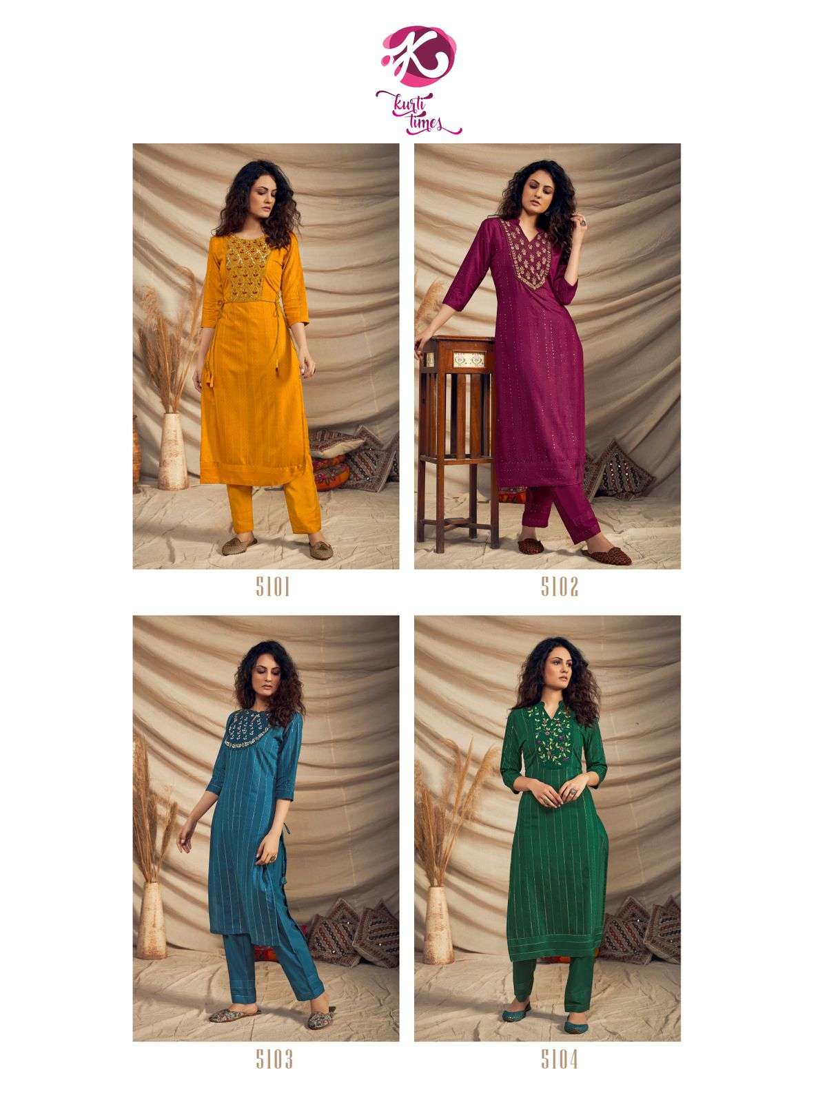 RIWAAZ BY KURTI TIMES 5101 TO 5104 SERIES DESIGNER STYLISH FANCY COLORFUL BEAUTIFUL PARTY WEAR & ETHNIC WEAR COLLECTION VISCOSE KURTIS WITH BOTTOM AT WHOLESALE PRICE