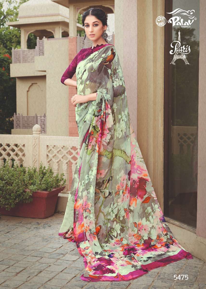 PARIS BY PALAV 5475 TO 5484 SERIES INDIAN TRADITIONAL WEAR COLLECTION BEAUTIFUL STYLISH FANCY COLORFUL PARTY WEAR & OCCASIONAL WEAR PURE GEORGETTE SAREES AT WHOLESALE PRICE