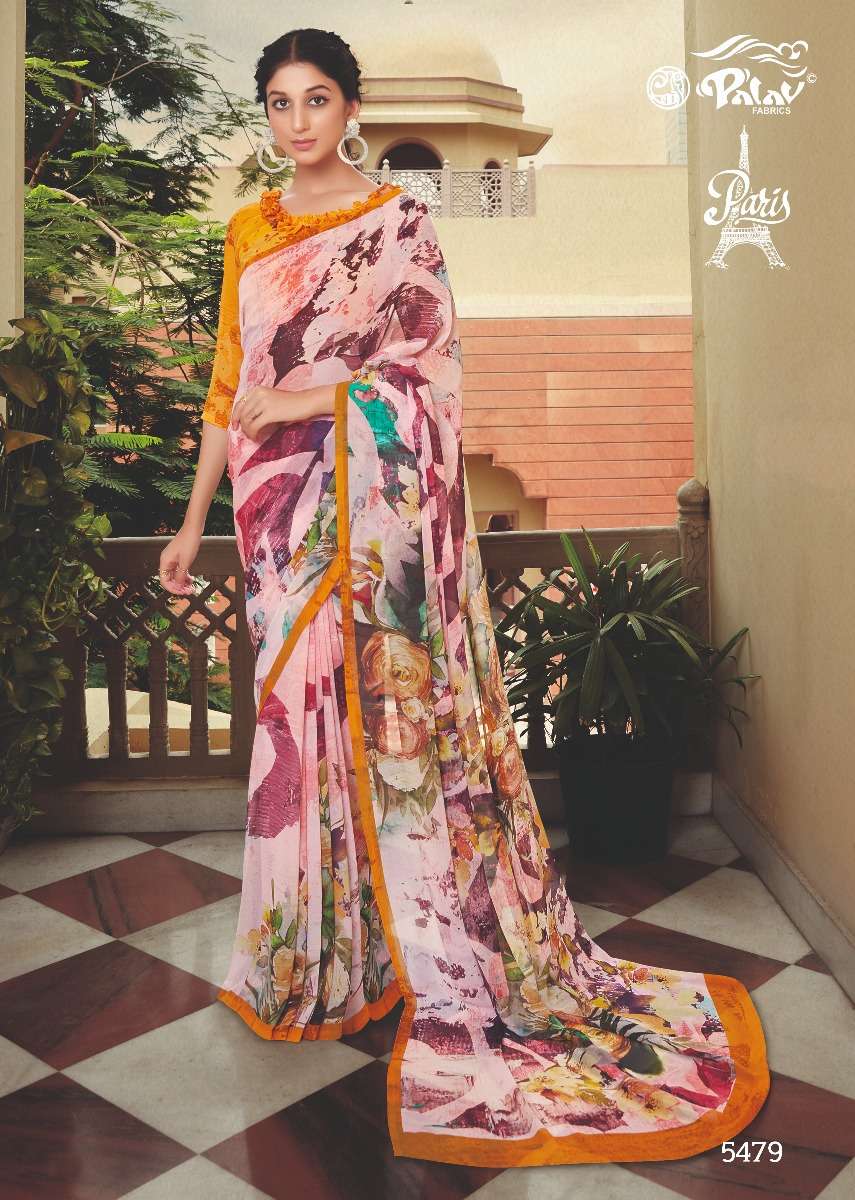 PARIS BY PALAV 5475 TO 5484 SERIES INDIAN TRADITIONAL WEAR COLLECTION BEAUTIFUL STYLISH FANCY COLORFUL PARTY WEAR & OCCASIONAL WEAR PURE GEORGETTE SAREES AT WHOLESALE PRICE