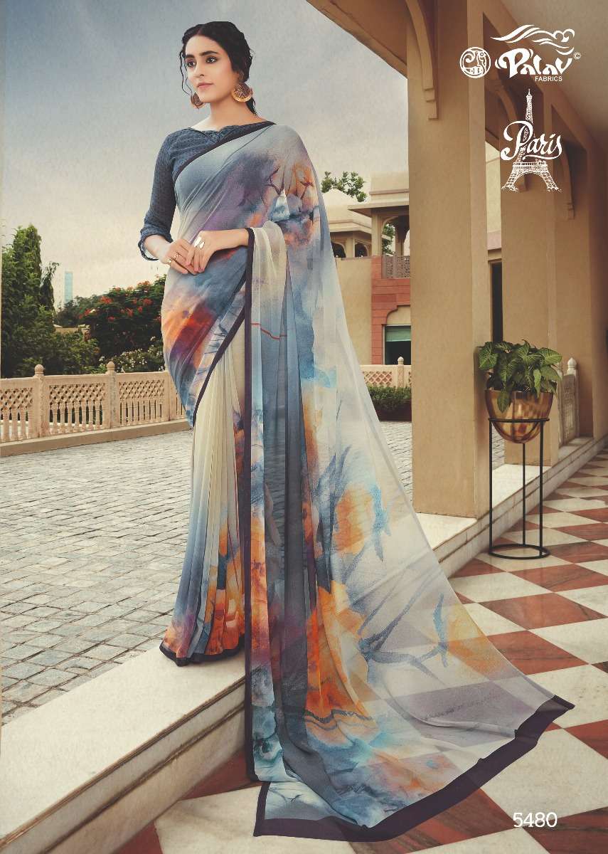 PARIS BY PALAV 5475 TO 5484 SERIES INDIAN TRADITIONAL WEAR COLLECTION BEAUTIFUL STYLISH FANCY COLORFUL PARTY WEAR & OCCASIONAL WEAR PURE GEORGETTE SAREES AT WHOLESALE PRICE