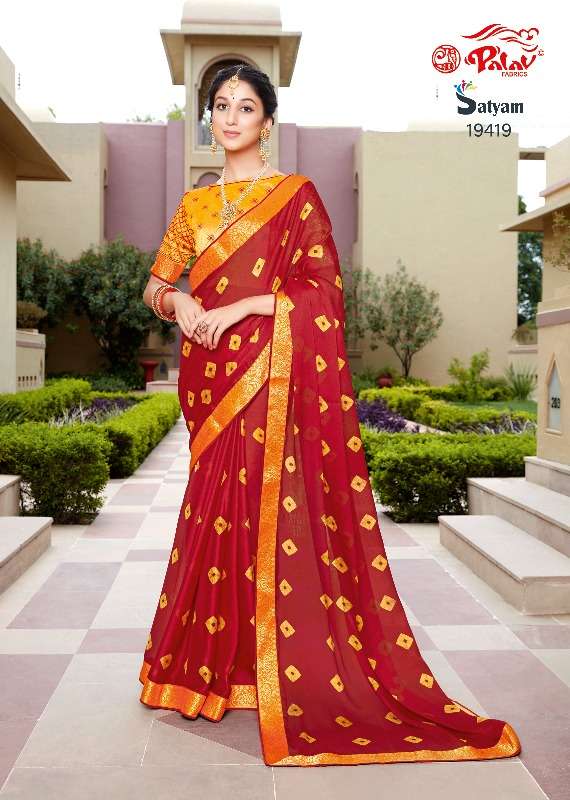 SATYAM BY PALAV 19419 TO 19422 SERIES INDIAN TRADITIONAL WEAR COLLECTION BEAUTIFUL STYLISH FANCY COLORFUL PARTY WEAR & OCCASIONAL WEAR CHIFFON SAREES AT WHOLESALE PRICE