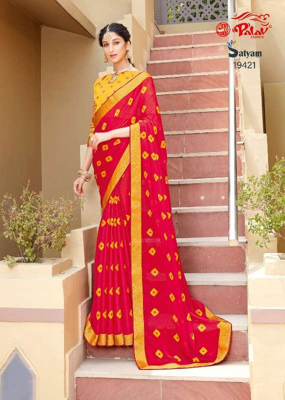 SATYAM BY PALAV 19419 TO 19422 SERIES INDIAN TRADITIONAL WEAR COLLECTION BEAUTIFUL STYLISH FANCY COLORFUL PARTY WEAR & OCCASIONAL WEAR CHIFFON SAREES AT WHOLESALE PRICE