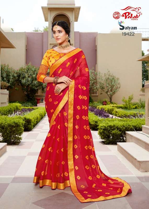 SATYAM BY PALAV 19419 TO 19422 SERIES INDIAN TRADITIONAL WEAR COLLECTION BEAUTIFUL STYLISH FANCY COLORFUL PARTY WEAR & OCCASIONAL WEAR CHIFFON SAREES AT WHOLESALE PRICE