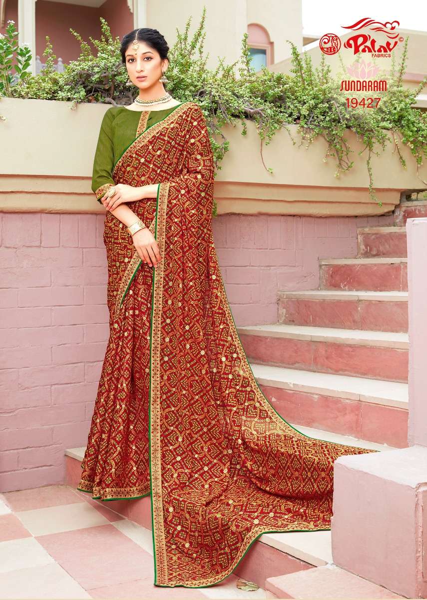 SUNDARAM BY PALAV 19427 TO 19430 SERIES INDIAN TRADITIONAL WEAR COLLECTION BEAUTIFUL STYLISH FANCY COLORFUL PARTY WEAR & OCCASIONAL WEAR CHIFFON SAREES AT WHOLESALE PRICE