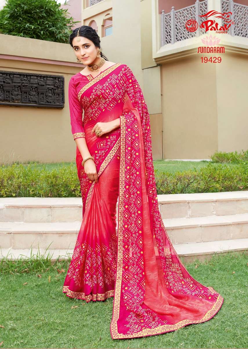 SUNDARAM BY PALAV 19427 TO 19430 SERIES INDIAN TRADITIONAL WEAR COLLECTION BEAUTIFUL STYLISH FANCY COLORFUL PARTY WEAR & OCCASIONAL WEAR CHIFFON SAREES AT WHOLESALE PRICE