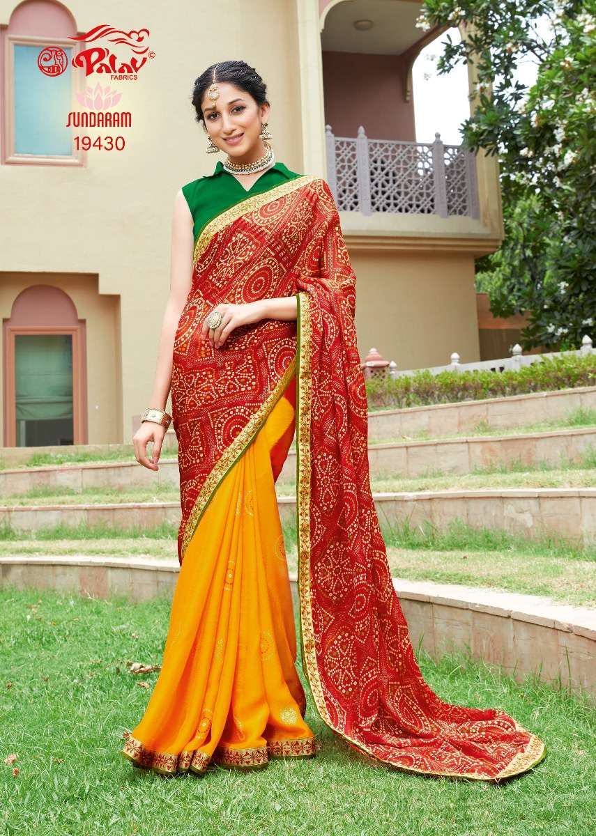 SUNDARAM BY PALAV 19427 TO 19430 SERIES INDIAN TRADITIONAL WEAR COLLECTION BEAUTIFUL STYLISH FANCY COLORFUL PARTY WEAR & OCCASIONAL WEAR CHIFFON SAREES AT WHOLESALE PRICE