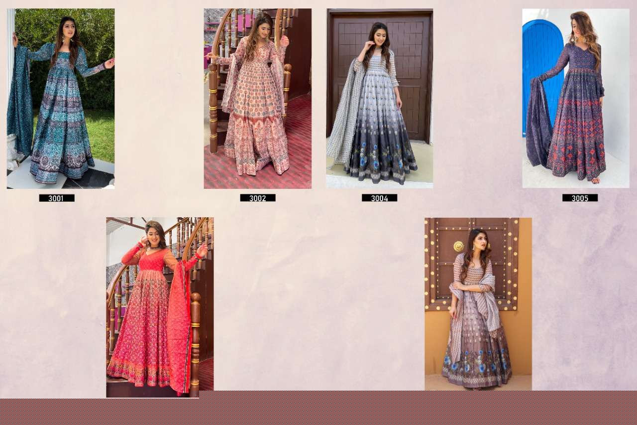 Alfaaz Vol-3 By Fashid Wholesale 3001 To 3006 Series Beautiful Suits Colorful Stylish Fancy Casual Wear & Ethnic Wear Chanderi Digital Print Gown With Dupatta At Wholesale Price