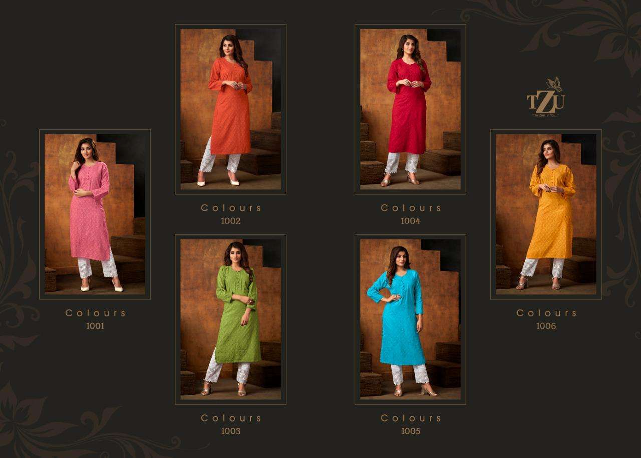 COLOURS BY TZU 1001 TO 1006 SERIES DESIGNER STYLISH FANCY COLORFUL BEAUTIFUL PARTY WEAR & ETHNIC WEAR COLLECTION COTTON EMBROIDERY KURTIS AT WHOLESALE PRICE