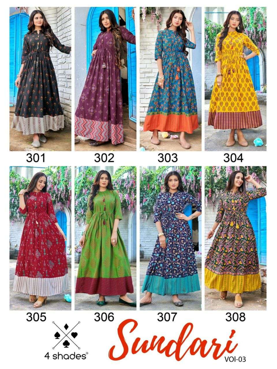 SUNDARI VOL-3 BY 4 SHADES 301 TO 308 SERIES BEAUTIFUL STYLISH FANCY COLORFUL CASUAL WEAR & ETHNIC WEAR RAYON PRINT GOWNS AT WHOLESALE PRICE