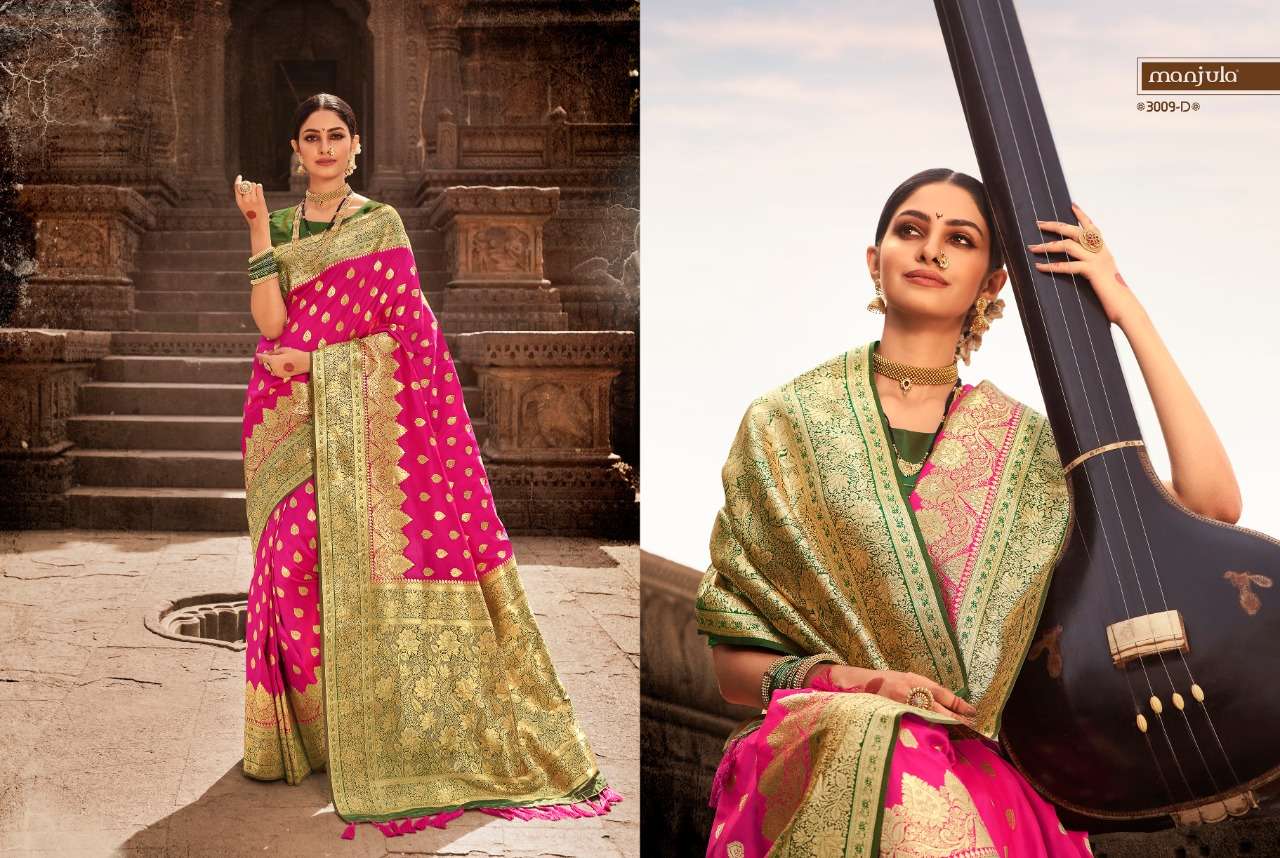 VANDANA BY MANJULA 3009-A TO 3009-G SERIES INDIAN TRADITIONAL WEAR COLLECTION BEAUTIFUL STYLISH FANCY COLORFUL PARTY WEAR & OCCASIONAL WEAR SILK SAREES AT WHOLESALE PRICE