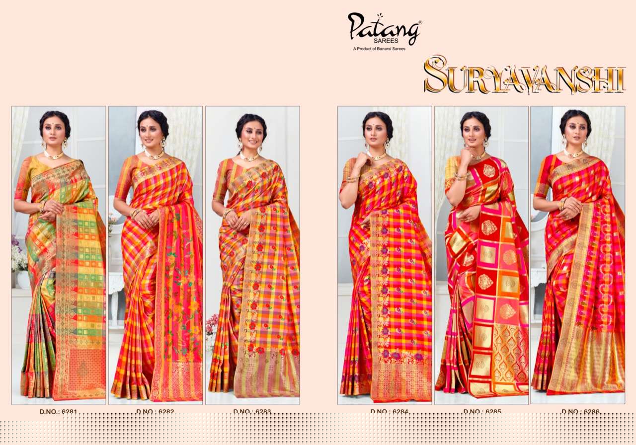 SURYAVANSHI BY PATANG SAREES 6281 TO 6286 SERIES INDIAN TRADITIONAL WEAR COLLECTION BEAUTIFUL STYLISH FANCY COLORFUL PARTY WEAR & OCCASIONAL WEAR SILK SAREES AT WHOLESALE PRICE