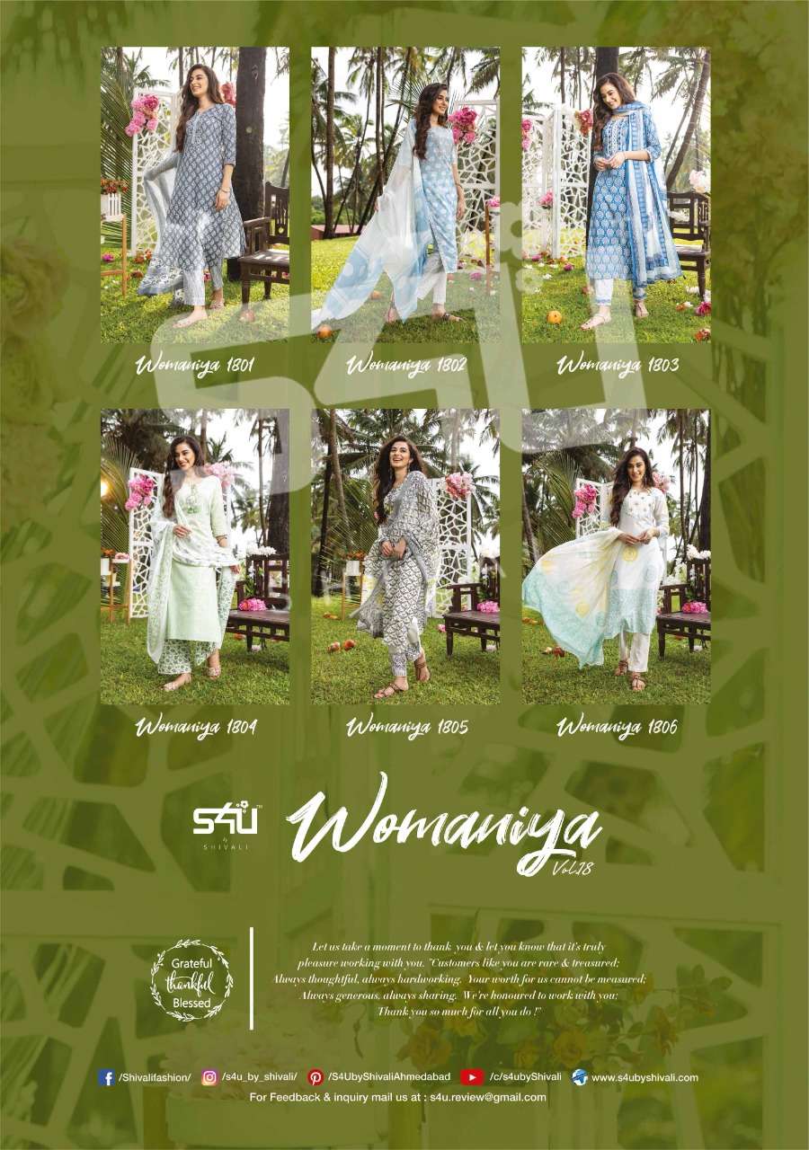 WOMANIYA VOL-18 BY S4U FASHION 1801 TO 1806 SERIES BEAUTIFUL SUITS COLORFUL STYLISH FANCY CASUAL WEAR & ETHNIC WEAR COTTON PRINT DRESSES AT WHOLESALE PRICE