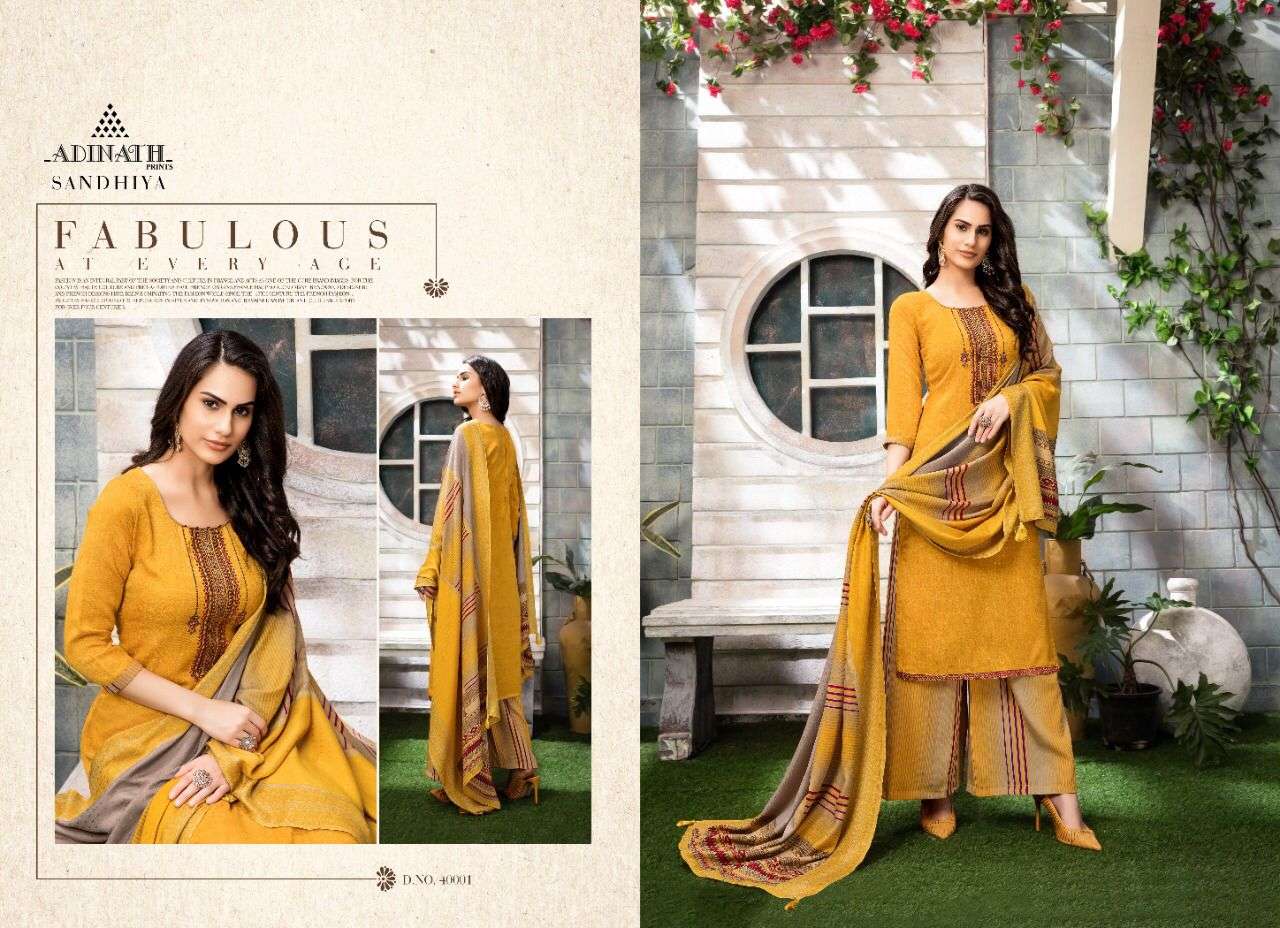 SANDHYA BY ADINATH PRINTS 40001 TO 40006 SERIES BEAUTIFUL STYLISH SHARARA SUITS FANCY COLORFUL CASUAL WEAR & ETHNIC WEAR & READY TO WEAR PURE PASHMINA PRINT WITH EMBROIDERY DRESSES AT WHOLESALE PRICE