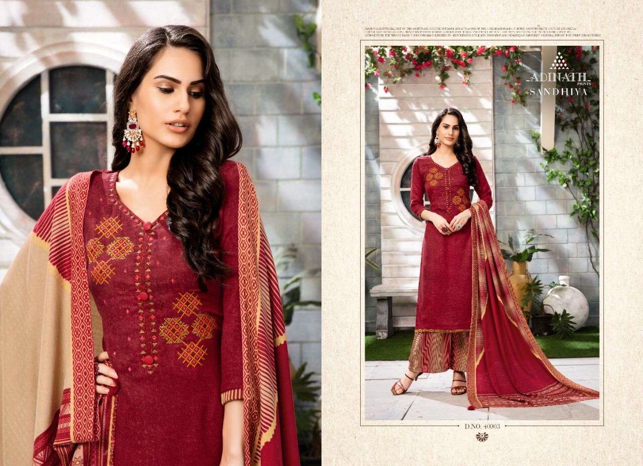 SANDHYA BY ADINATH PRINTS 40001 TO 40006 SERIES BEAUTIFUL STYLISH SHARARA SUITS FANCY COLORFUL CASUAL WEAR & ETHNIC WEAR & READY TO WEAR PURE PASHMINA PRINT WITH EMBROIDERY DRESSES AT WHOLESALE PRICE