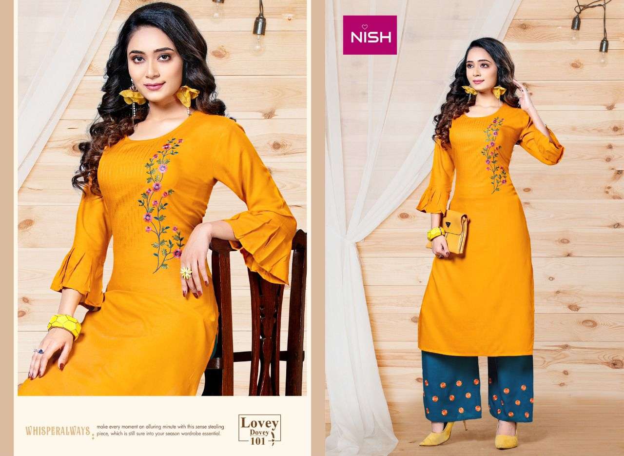 LOVEY DOVEY BY NISH 101 TO 106 SERIES DESIGNER STYLISH FANCY COLORFUL BEAUTIFUL PARTY WEAR & ETHNIC WEAR COLLECTION RAYON SLUB KURTIS WITH BOTTOM AT WHOLESALE PRICE
