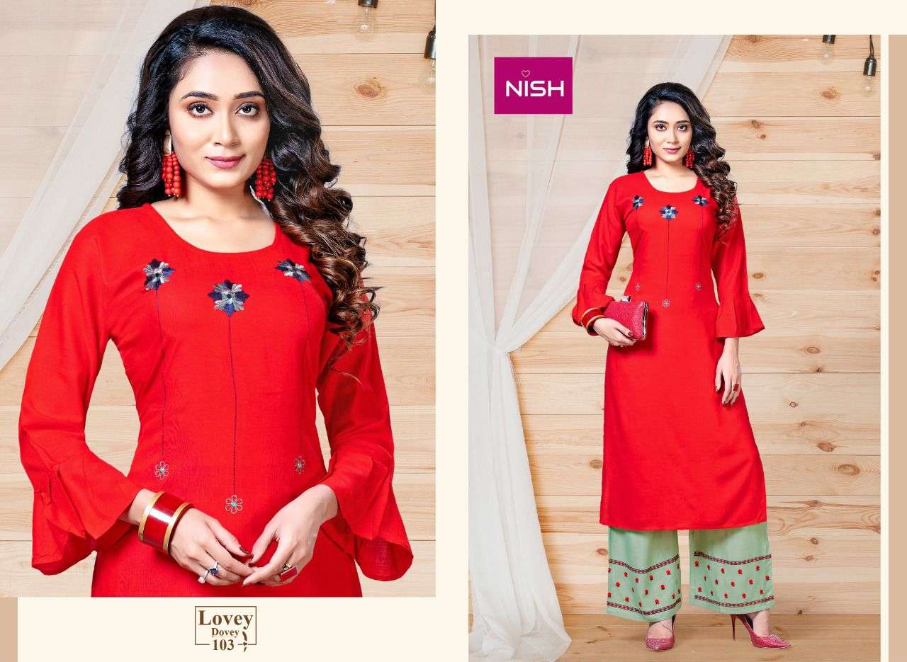 LOVEY DOVEY BY NISH 101 TO 106 SERIES DESIGNER STYLISH FANCY COLORFUL BEAUTIFUL PARTY WEAR & ETHNIC WEAR COLLECTION RAYON SLUB KURTIS WITH BOTTOM AT WHOLESALE PRICE