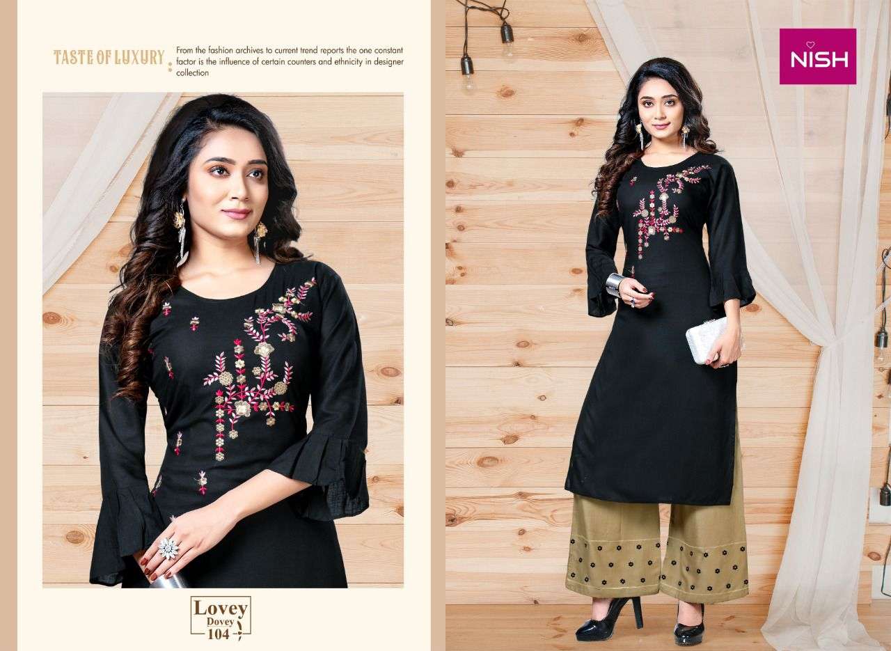 LOVEY DOVEY BY NISH 101 TO 106 SERIES DESIGNER STYLISH FANCY COLORFUL BEAUTIFUL PARTY WEAR & ETHNIC WEAR COLLECTION RAYON SLUB KURTIS WITH BOTTOM AT WHOLESALE PRICE