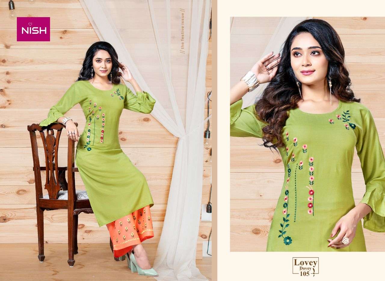 LOVEY DOVEY BY NISH 101 TO 106 SERIES DESIGNER STYLISH FANCY COLORFUL BEAUTIFUL PARTY WEAR & ETHNIC WEAR COLLECTION RAYON SLUB KURTIS WITH BOTTOM AT WHOLESALE PRICE