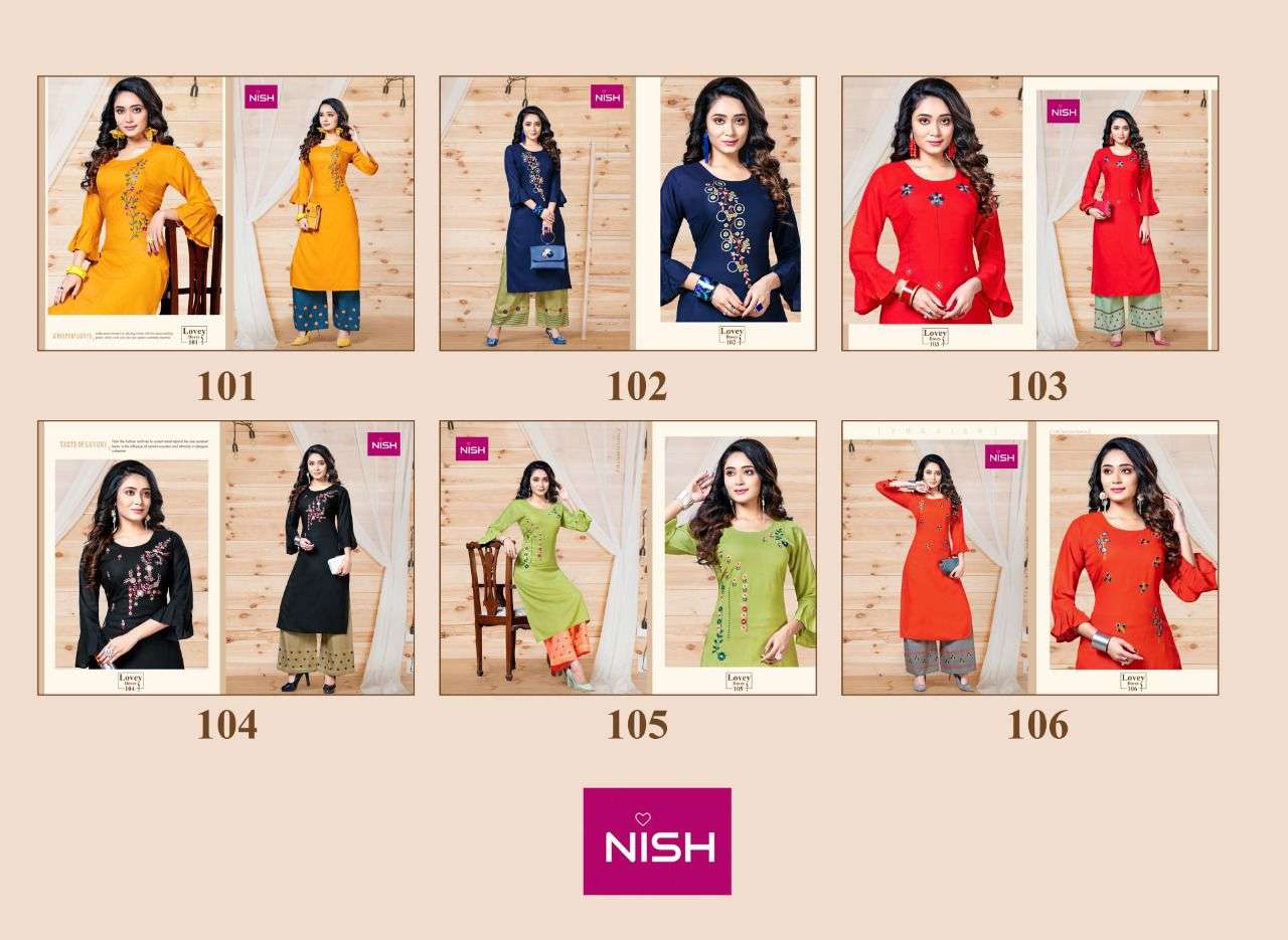 LOVEY DOVEY BY NISH 101 TO 106 SERIES DESIGNER STYLISH FANCY COLORFUL BEAUTIFUL PARTY WEAR & ETHNIC WEAR COLLECTION RAYON SLUB KURTIS WITH BOTTOM AT WHOLESALE PRICE
