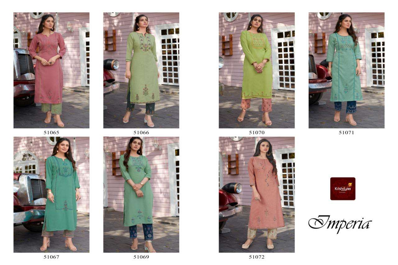 IMPERIA BY KRISHRIYAA 51065 TO 51072 SERIES DESIGNER STYLISH FANCY COLORFUL BEAUTIFUL PARTY WEAR & ETHNIC WEAR COLLECTION COTTON EMBROIDERY KURTIS WITH BOTTOM AT WHOLESALE PRICE