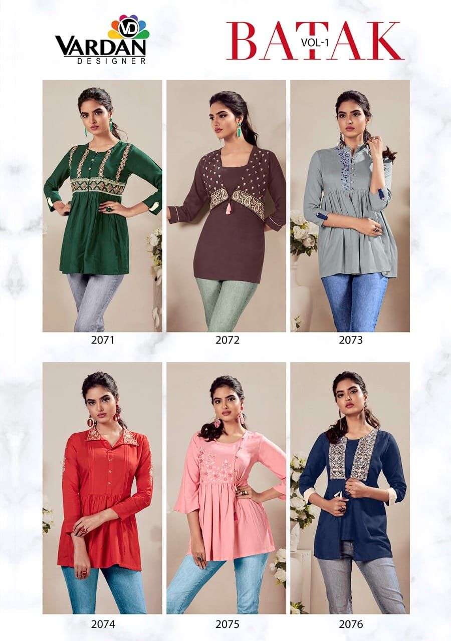 Batak Vol-1 By Vardan Designer 2071 To 2076 Series Beautiful Stylish Fancy Colorful Casual Wear & Ethnic Wear Heavy Rayon Tops At Wholesale Price