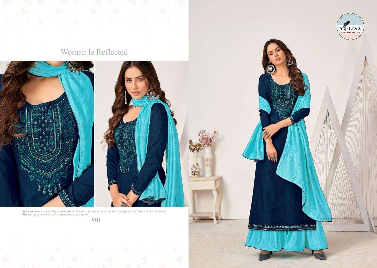 ELINA BY VELISA 901 TO 904 SERIES BEAUTIFUL SHARARA SUITS COLORFUL STYLISH FANCY CASUAL WEAR & ETHNIC WEAR PARAMPARA SILK EMBROIDERED DRESSES AT WHOLESALE PRICE
