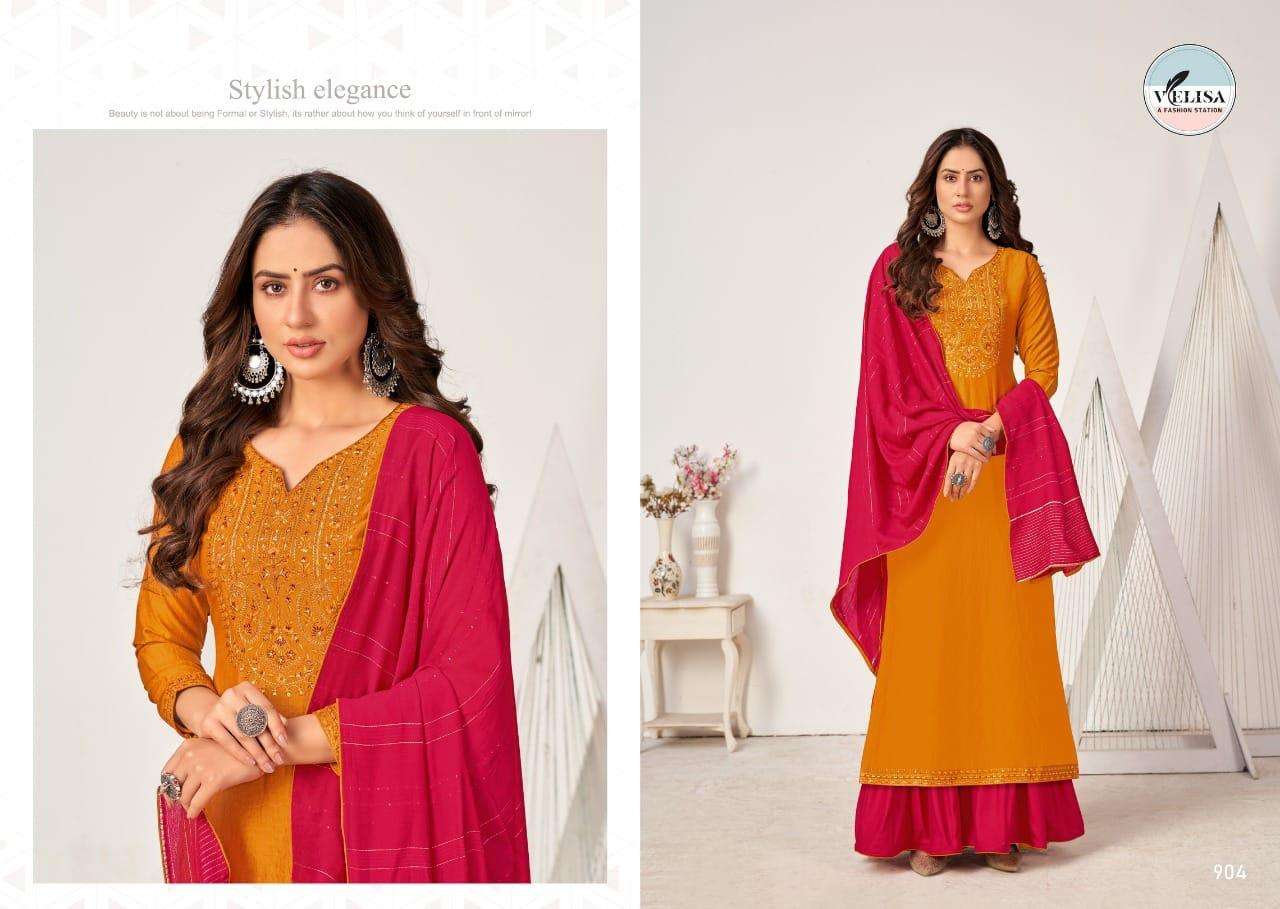 ELINA BY VELISA 901 TO 904 SERIES BEAUTIFUL SHARARA SUITS COLORFUL STYLISH FANCY CASUAL WEAR & ETHNIC WEAR PARAMPARA SILK EMBROIDERED DRESSES AT WHOLESALE PRICE