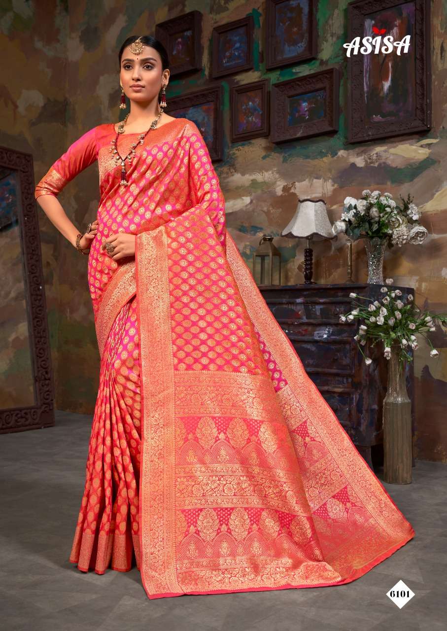 TULSI BY ASISA 6101 TO 6106 SERIES INDIAN TRADITIONAL WEAR COLLECTION BEAUTIFUL STYLISH FANCY COLORFUL PARTY WEAR & OCCASIONAL WEAR BANARASI SILK SAREES AT WHOLESALE PRICE