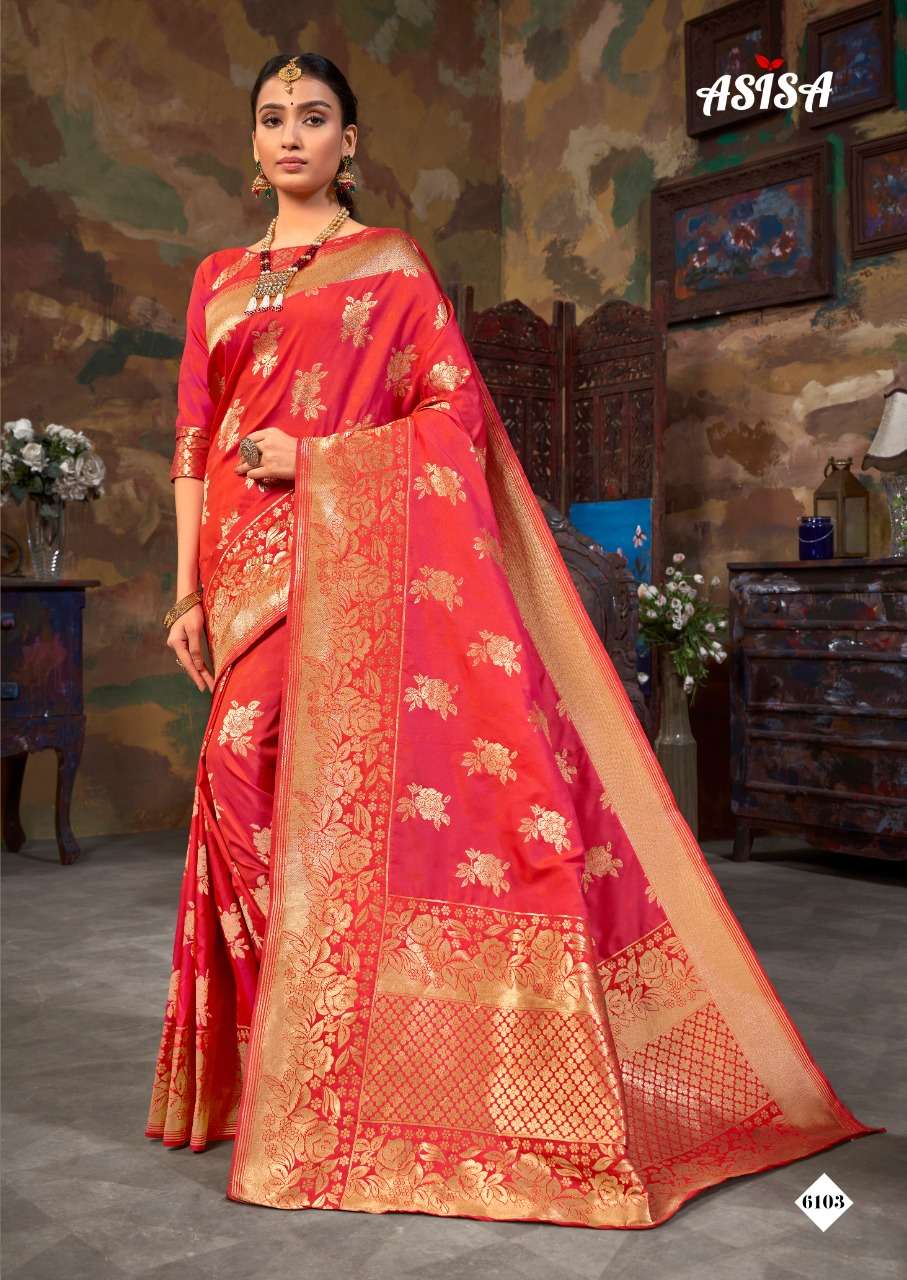 TULSI BY ASISA 6101 TO 6106 SERIES INDIAN TRADITIONAL WEAR COLLECTION BEAUTIFUL STYLISH FANCY COLORFUL PARTY WEAR & OCCASIONAL WEAR BANARASI SILK SAREES AT WHOLESALE PRICE