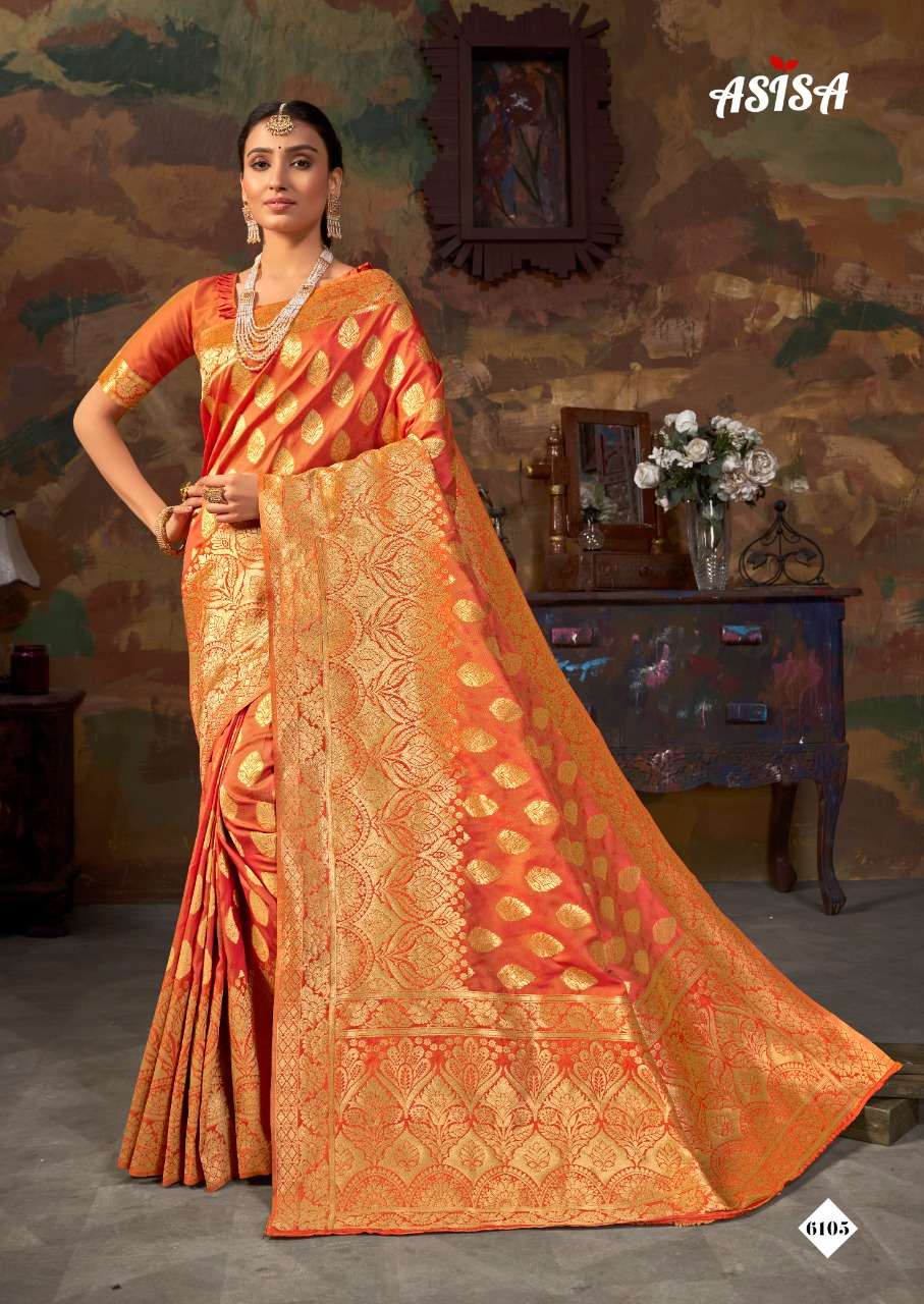 TULSI BY ASISA 6101 TO 6106 SERIES INDIAN TRADITIONAL WEAR COLLECTION BEAUTIFUL STYLISH FANCY COLORFUL PARTY WEAR & OCCASIONAL WEAR BANARASI SILK SAREES AT WHOLESALE PRICE