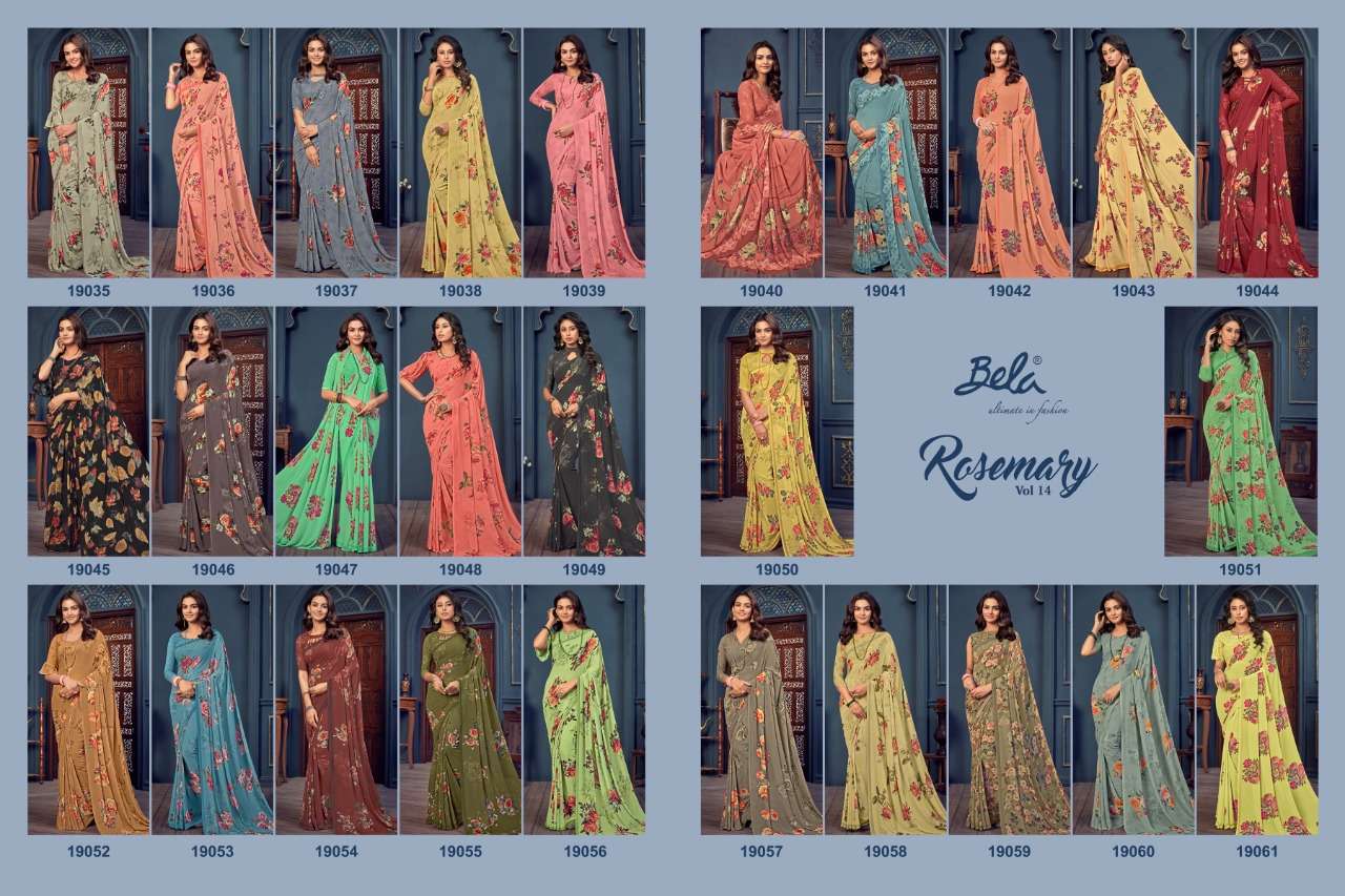 ROSEMARY VOL-14 BY BELA FASHION 19035 TO 19061 SERIES INDIAN TRADITIONAL WEAR COLLECTION BEAUTIFUL STYLISH FANCY COLORFUL PARTY WEAR & OCCASIONAL WEAR GEORGETTE PRINT SAREES AT WHOLESALE PRICE