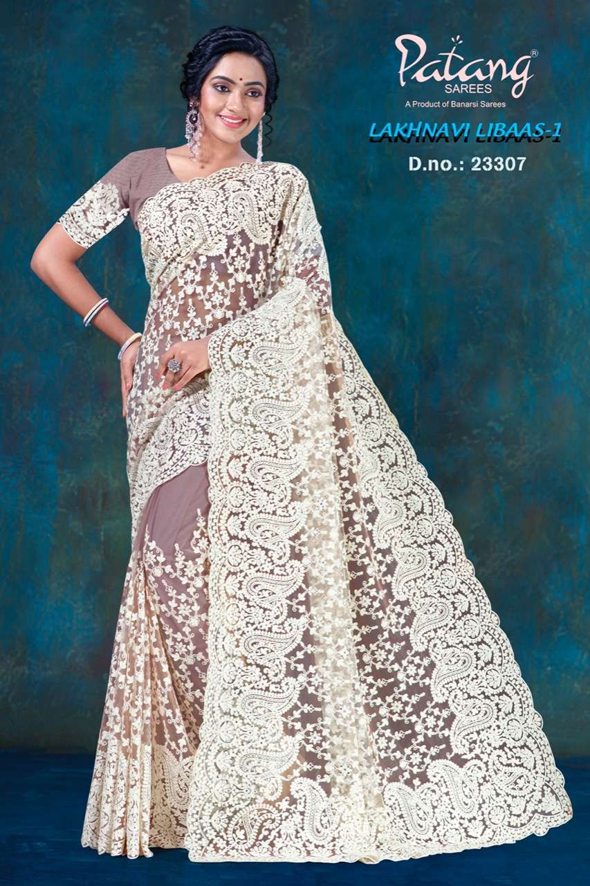 LAKHNAVI LIBAAS BY PATANG SAREES 23306 TO 23309 SERIES INDIAN TRADITIONAL WEAR COLLECTION BEAUTIFUL STYLISH FANCY COLORFUL PARTY WEAR & OCCASIONAL WEAR NET WITH WORK SAREES AT WHOLESALE PRICE