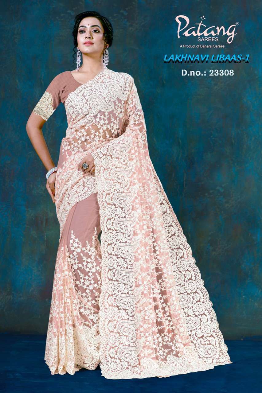 LAKHNAVI LIBAAS BY PATANG SAREES 23306 TO 23309 SERIES INDIAN TRADITIONAL WEAR COLLECTION BEAUTIFUL STYLISH FANCY COLORFUL PARTY WEAR & OCCASIONAL WEAR NET WITH WORK SAREES AT WHOLESALE PRICE