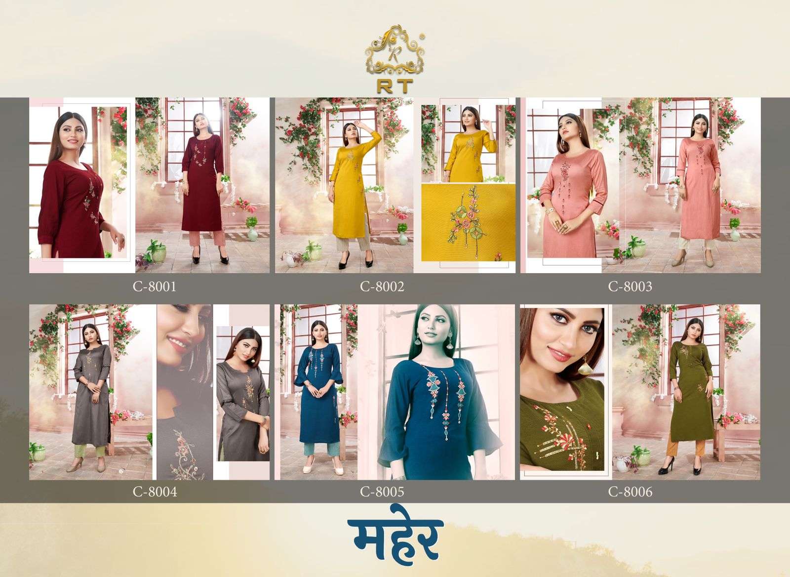 MAHER BY RT 8001 TO 8006 SERIES DESIGNER STYLISH FANCY COLORFUL BEAUTIFUL PARTY WEAR & ETHNIC WEAR COLLECTION VISCOSE KURTIS WITH BOTTOM AT WHOLESALE PRICE