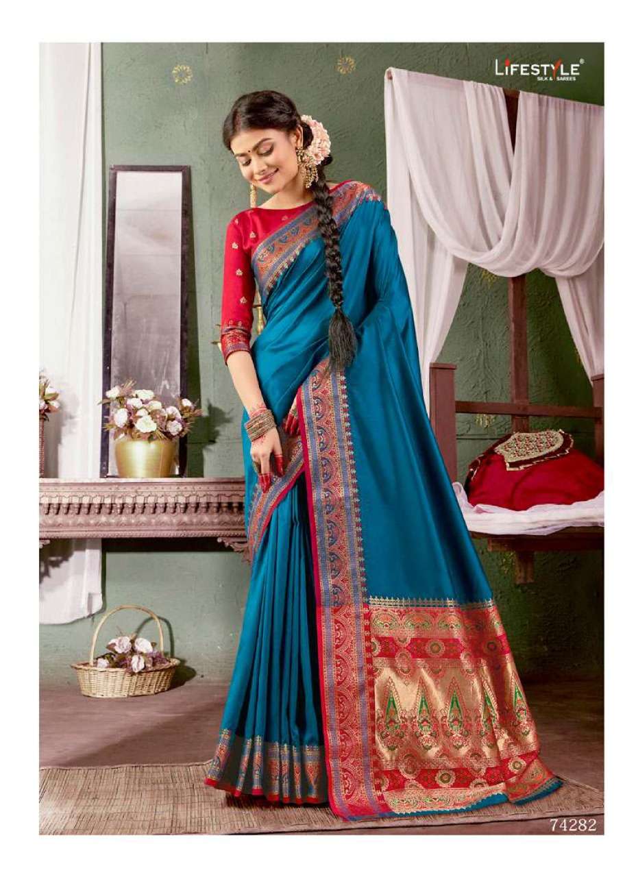 SILK BEAUTY BY LIFESTYLE SAREES 74281 TO 74286 SERIES INDIAN TRADITIONAL WEAR COLLECTION BEAUTIFUL STYLISH FANCY COLORFUL PARTY WEAR & OCCASIONAL WEAR LICHI SILK SAREES AT WHOLESALE PRICE