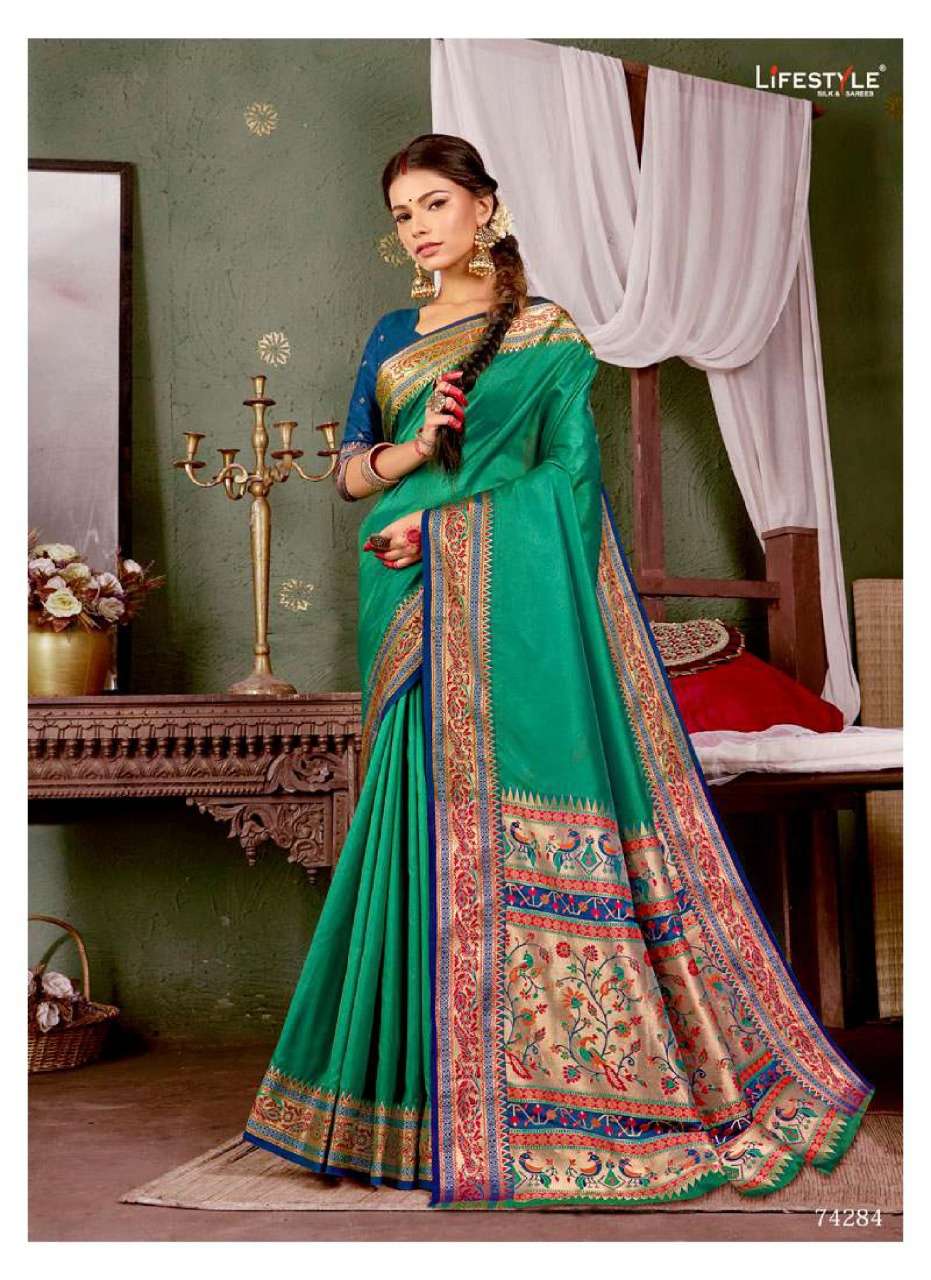 SILK BEAUTY BY LIFESTYLE SAREES 74281 TO 74286 SERIES INDIAN TRADITIONAL WEAR COLLECTION BEAUTIFUL STYLISH FANCY COLORFUL PARTY WEAR & OCCASIONAL WEAR LICHI SILK SAREES AT WHOLESALE PRICE