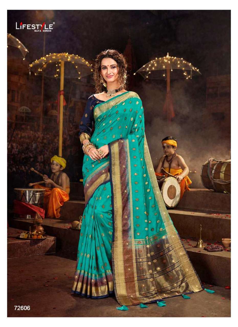 KADAMBARI BY LIFESTYLE SAREES 72601 TO 72606 SERIES INDIAN TRADITIONAL WEAR COLLECTION BEAUTIFUL STYLISH FANCY COLORFUL PARTY WEAR & OCCASIONAL WEAR NYLON SILK SAREES AT WHOLESALE PRICE