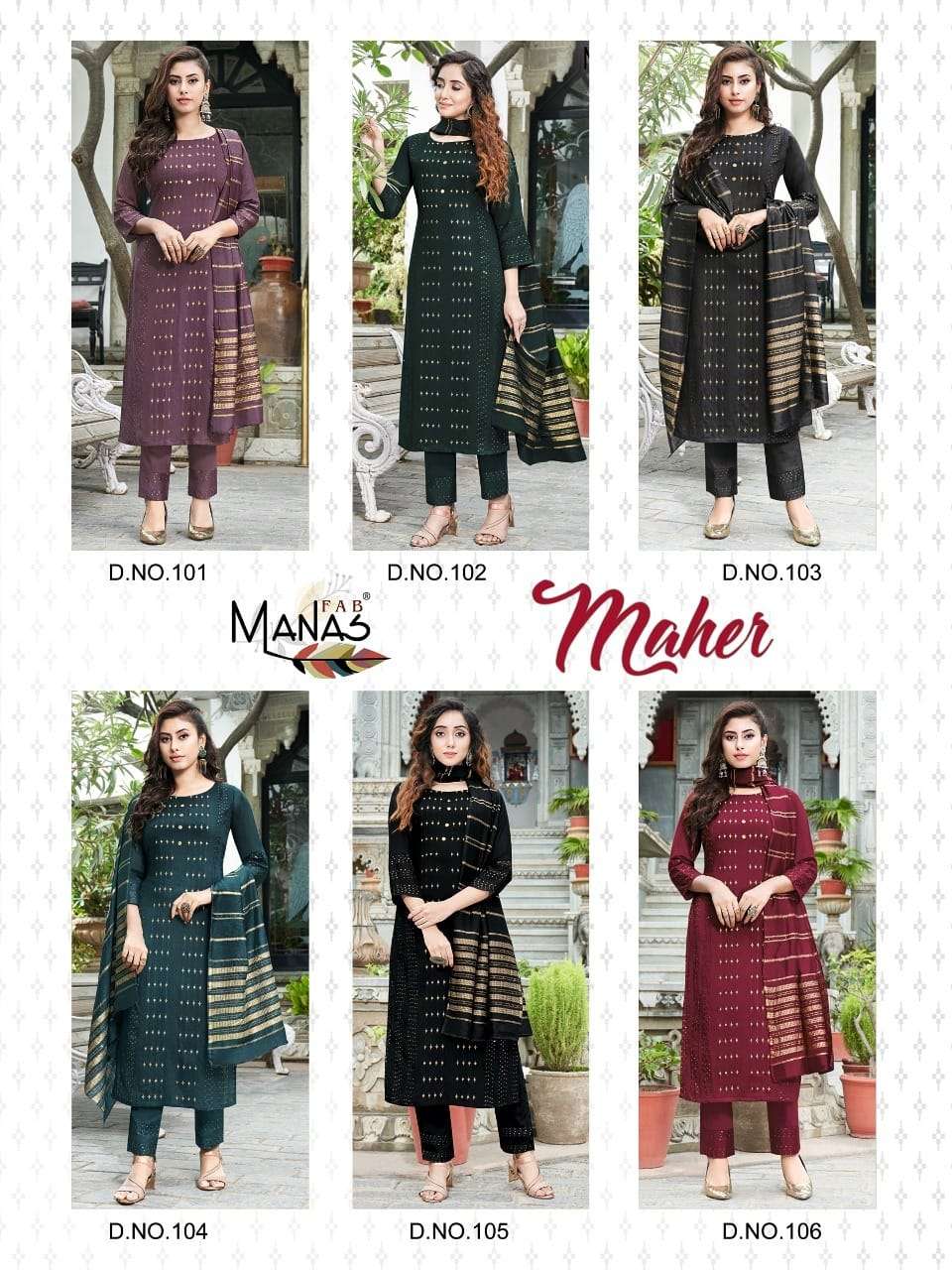 MAHER BY MANAS FAB 101 TO 106 SERIES BEAUTIFUL SUITS COLORFUL STYLISH FANCY CASUAL WEAR & ETHNIC WEAR PURE VISCOSE JACQUARD WITH WORK DRESSES AT WHOLESALE PRICE