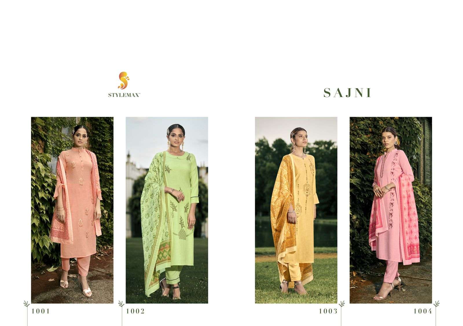 SAJNI BY STYLEMAX 1001 TO 1004 SERIES BEAUTIFUL SUITS COLORFUL STYLISH FANCY CASUAL WEAR & ETHNIC WEAR PURE COTTON SLUB EMBROIDERED DRESSES AT WHOLESALE PRICE