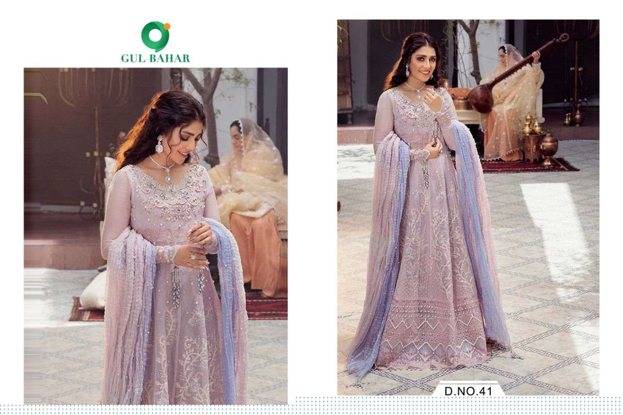MUSHQ VOL-1 BY GUL BAHAR 41 TO 44 SERIES DESIGNER PAKISTANI SUITS BEAUTIFUL FANCY COLORFUL STYLISH PARTY WEAR & OCCASIONAL WEAR HEAVY BUTTERFLY NET EMBROIDERED DRESSES AT WHOLESALE PRICE