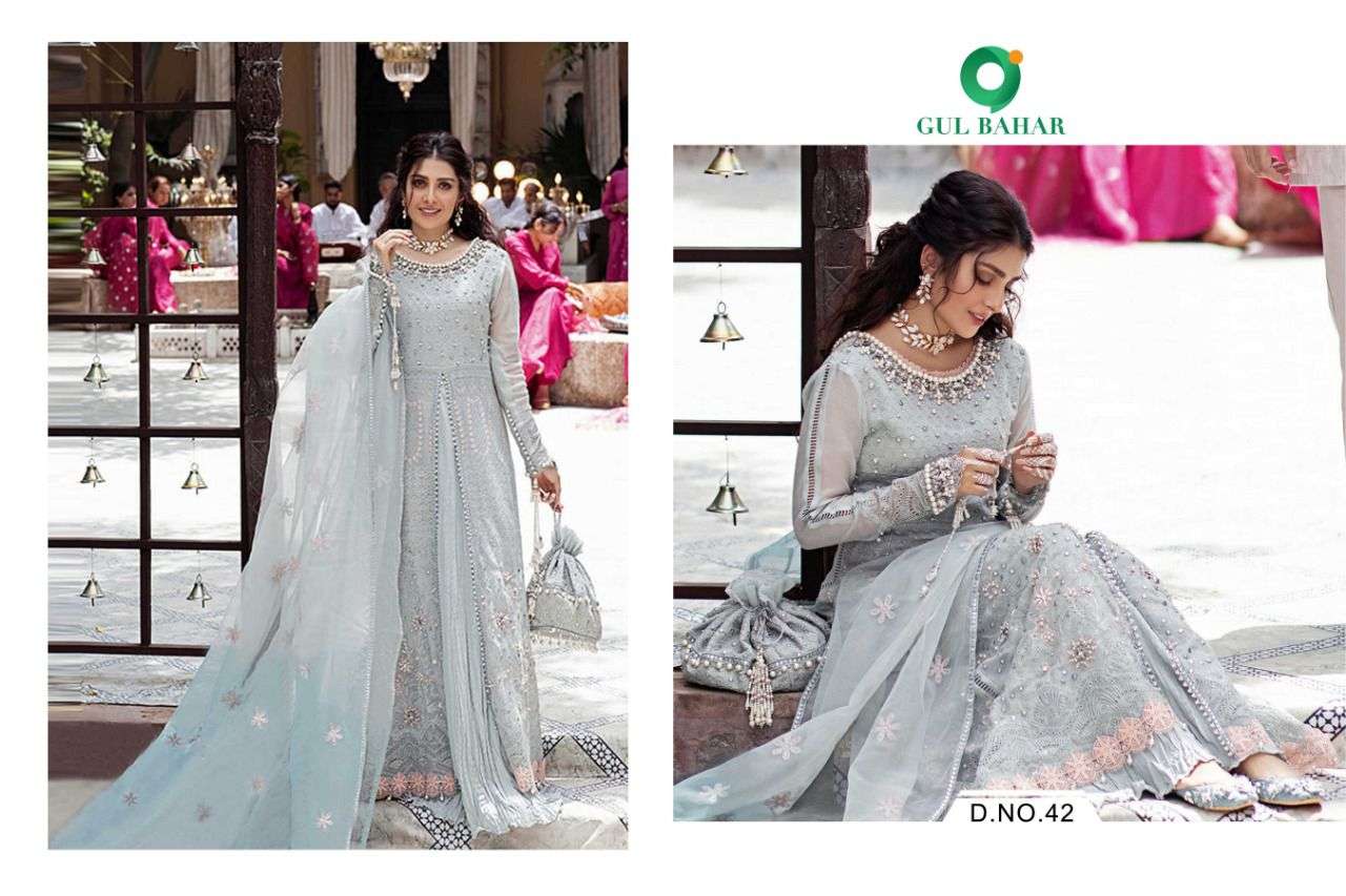 MUSHQ VOL-1 BY GUL BAHAR 41 TO 44 SERIES DESIGNER PAKISTANI SUITS BEAUTIFUL FANCY COLORFUL STYLISH PARTY WEAR & OCCASIONAL WEAR HEAVY BUTTERFLY NET EMBROIDERED DRESSES AT WHOLESALE PRICE