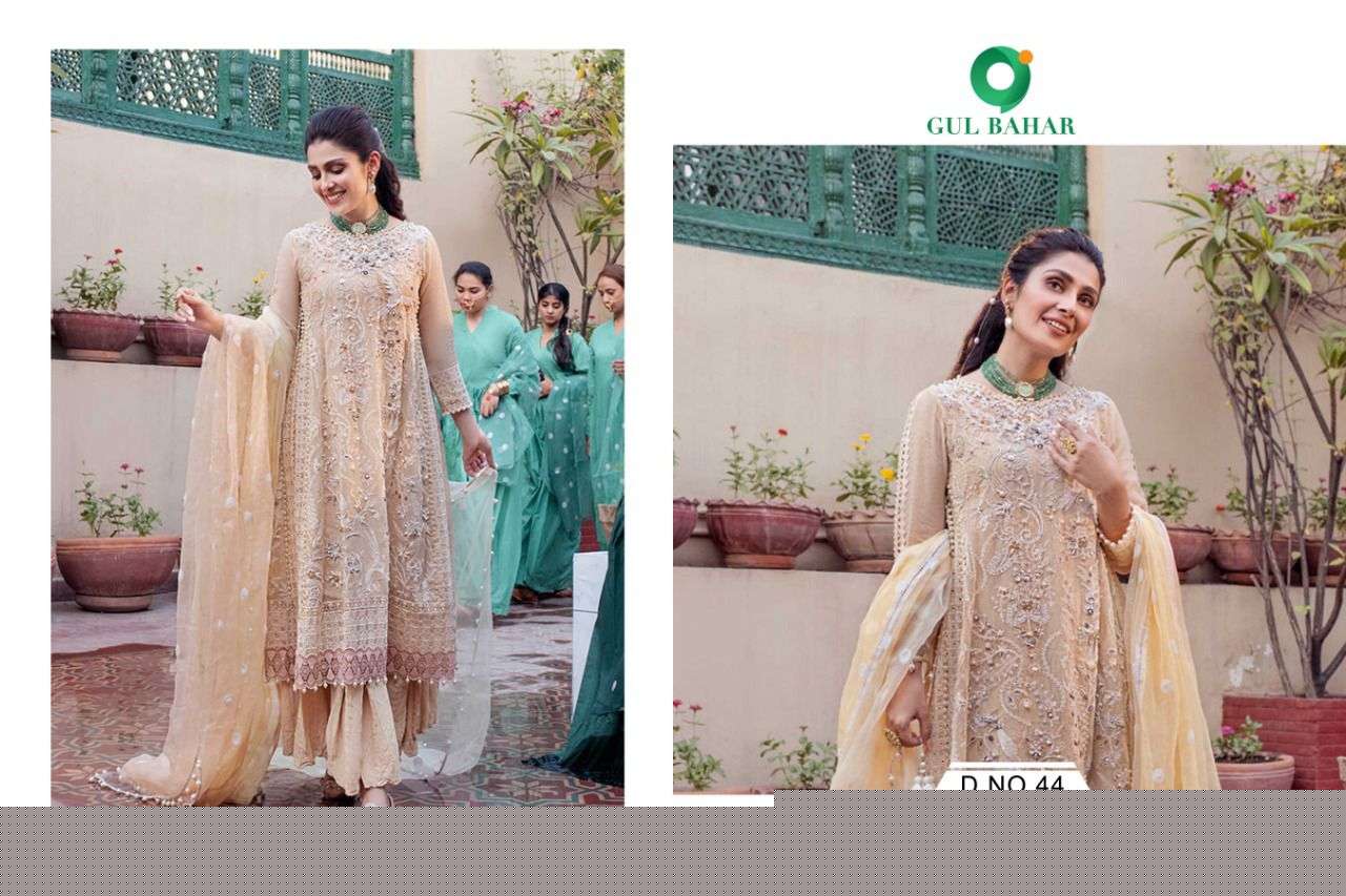 MUSHQ VOL-1 BY GUL BAHAR 41 TO 44 SERIES DESIGNER PAKISTANI SUITS BEAUTIFUL FANCY COLORFUL STYLISH PARTY WEAR & OCCASIONAL WEAR HEAVY BUTTERFLY NET EMBROIDERED DRESSES AT WHOLESALE PRICE