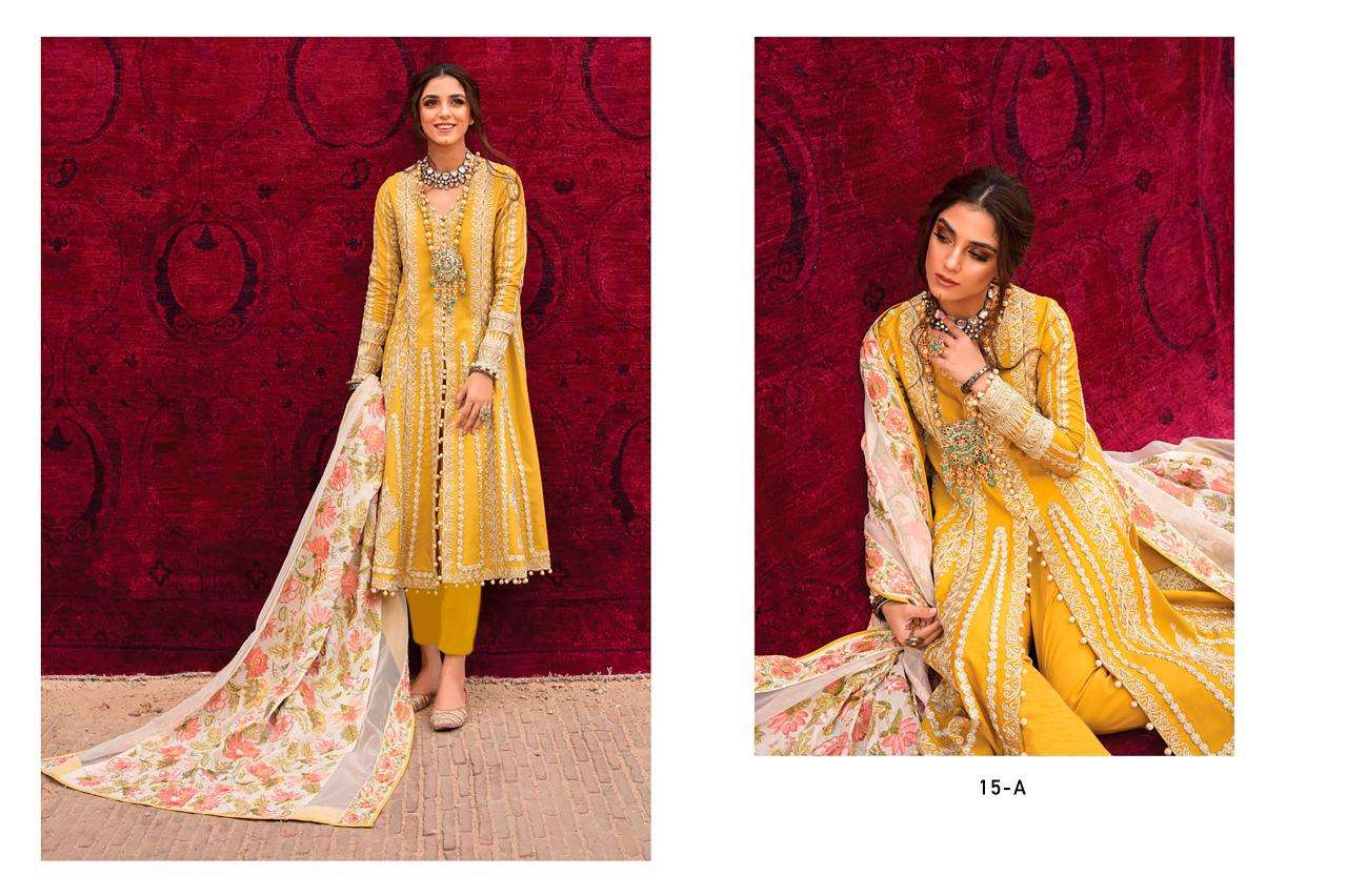 SAIRA COLORS VOL-1 BY GUL BAHAR 15-A TO 15-D SERIES DESIGNER PAKISTANI SUITS BEAUTIFUL FANCY COLORFUL STYLISH PARTY WEAR & OCCASIONAL WEAR HEAVY JAM COTTON EMBROIDERED DRESSES AT WHOLESALE PRICE