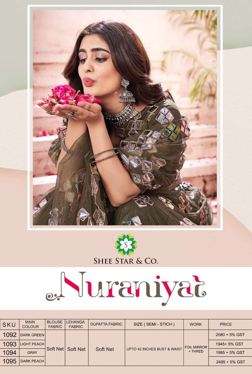 NURANIYAT BY SHEE STAR 1092 TO 1095 SERIES DESIGNER BEAUTIFUL NAVRATRI COLLECTION OCCASIONAL WEAR & PARTY WEAR SOFT NET LEHENGAS AT WHOLESALE PRICE